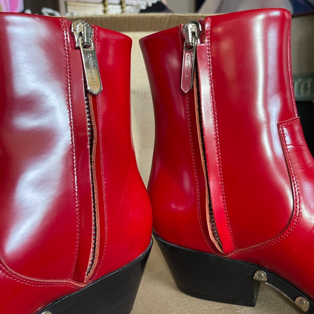 Calvin Klein 205W39NYC Tiesa Red Leather Ankle Boots sz 38 - Picture 7 of 9